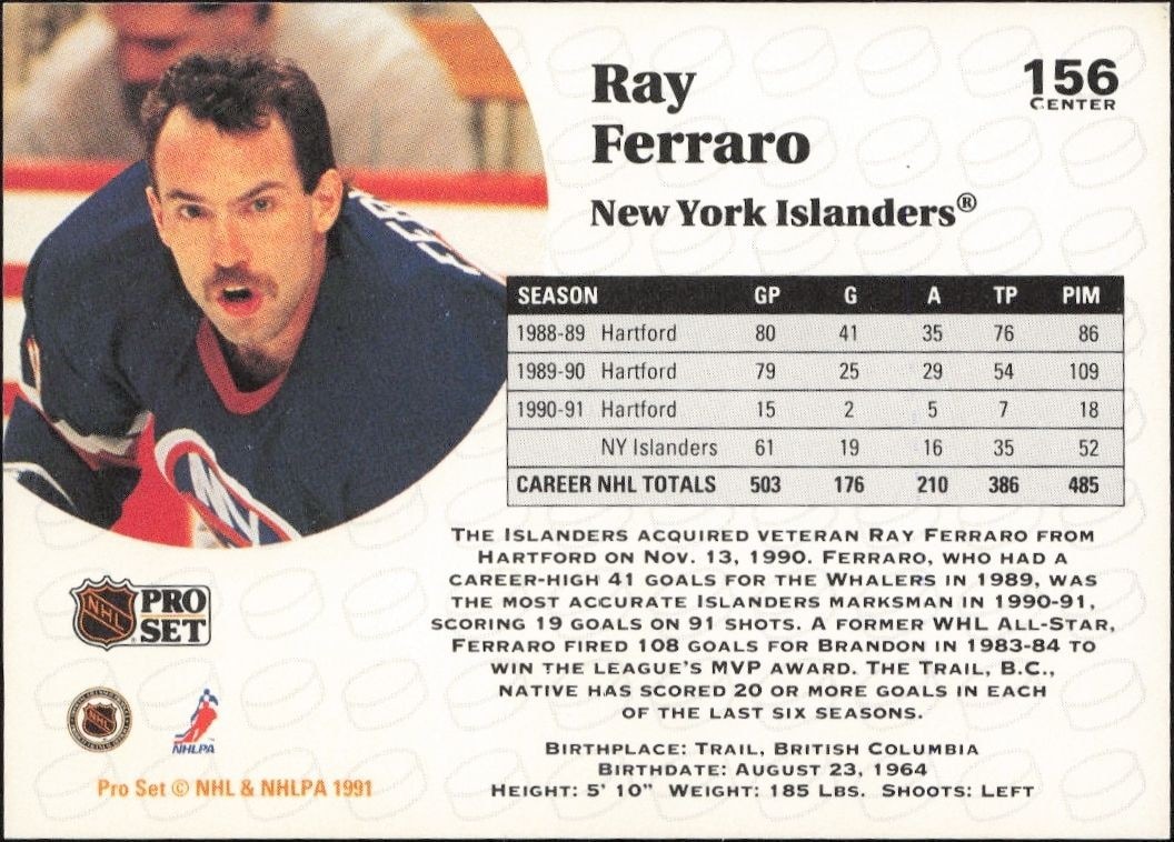1991-92 Pro Set Ray Ferraro #156 hockey trading card back