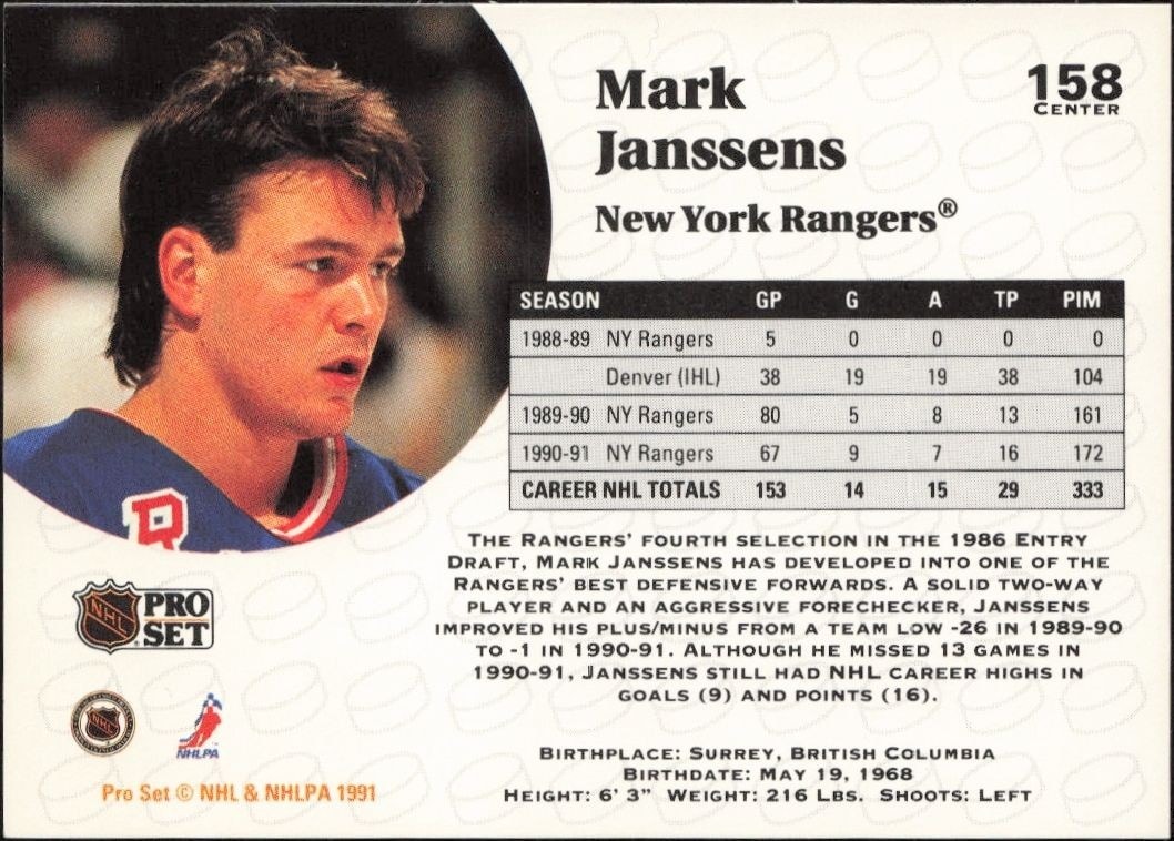 1991-92 Pro Set Mark Janssens #158 hockey trading card back