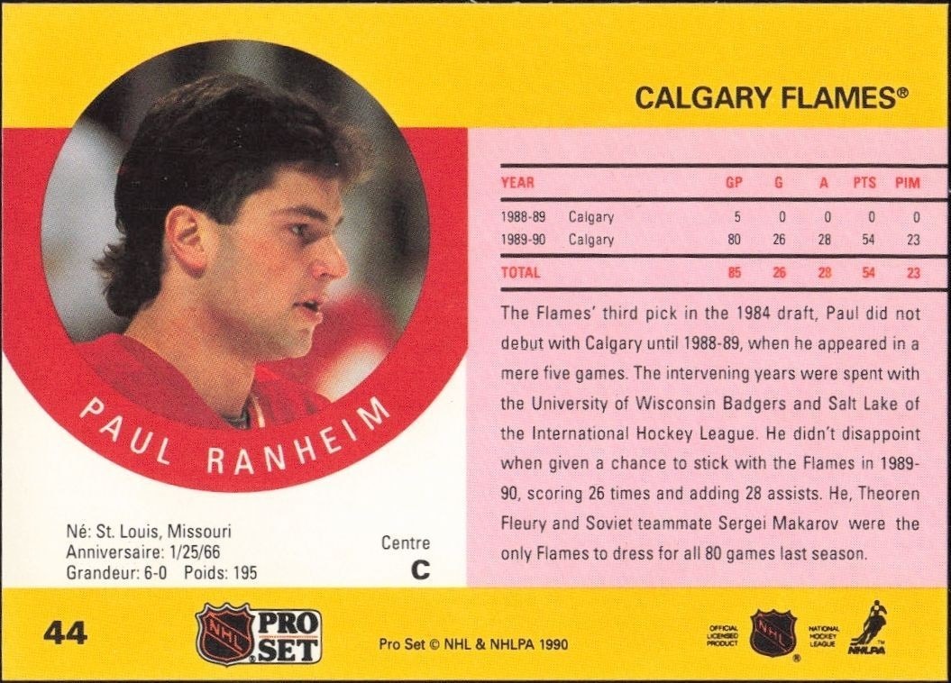 1990-91 Pro Set Paul Ranheim #44 hockey trading card back