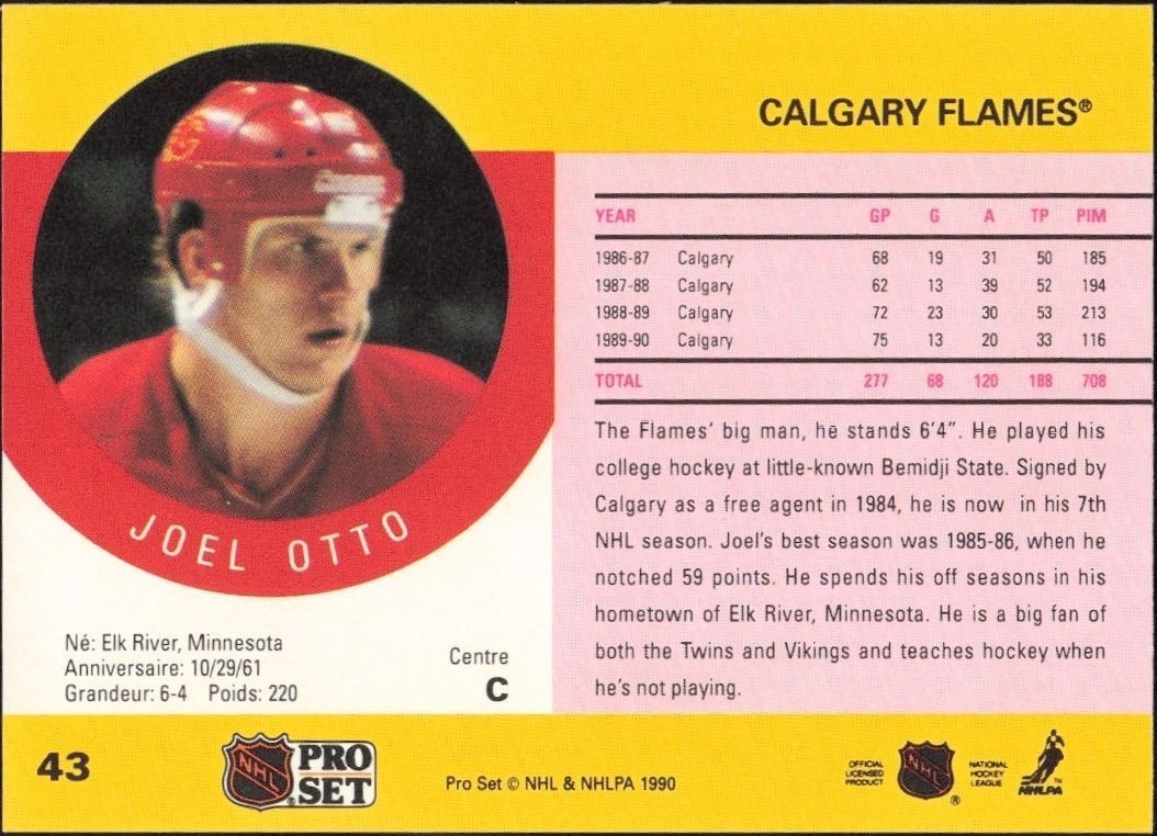 1990-91 Pro Set Joel Otto #43 hockey trading card back