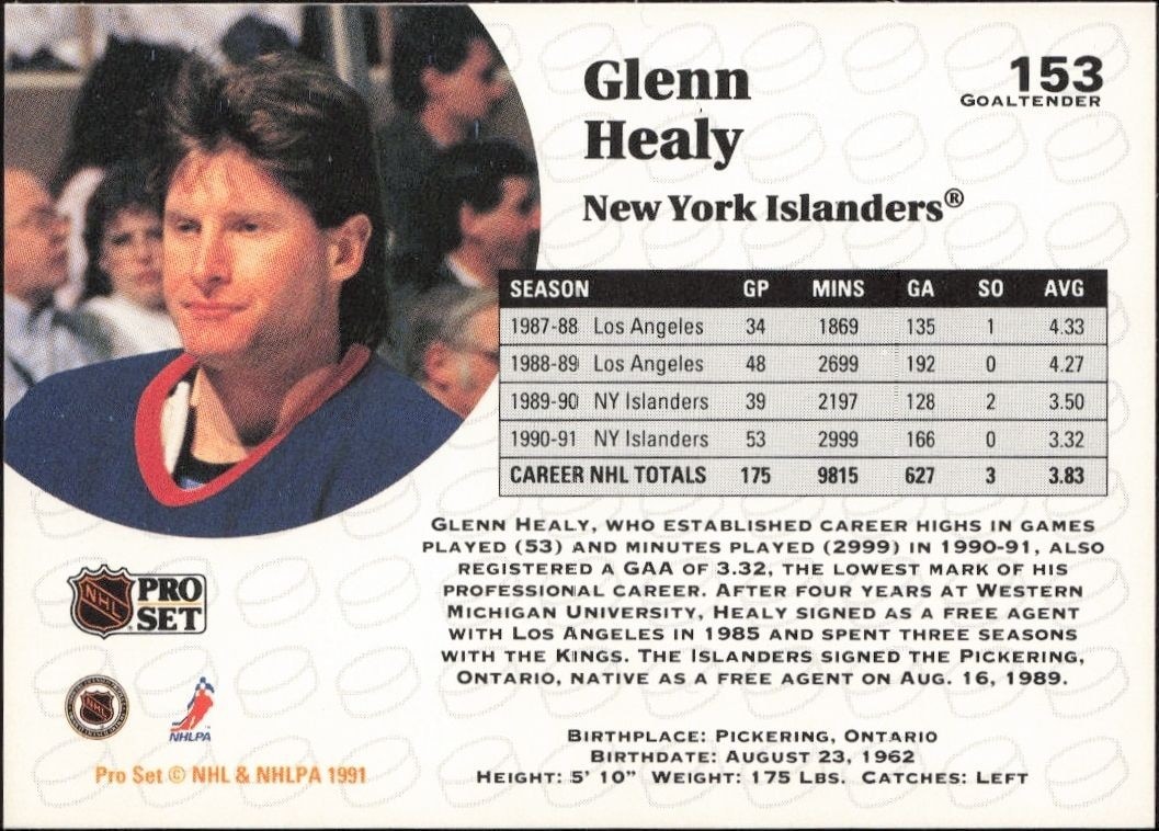1991-92 Pro Set Glenn Healy #153 hockey trading card back