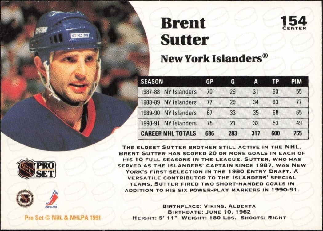 1991-92 Pro Set Brent Sutter #154 hockey trading card back
