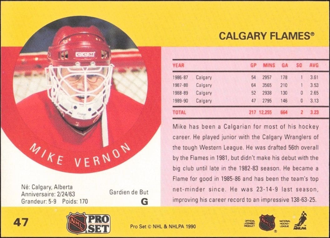 1990-91 Pro Set Mike Vernon #47 hockey trading card back