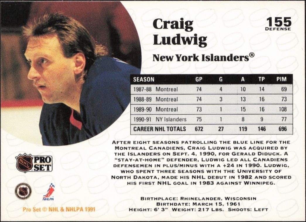 1991-92 Pro Set Craig Ludwig #155 hockey trading card back