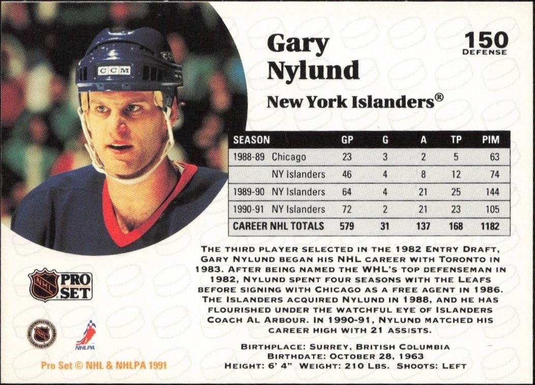 1991-92 Pro Set Gary Nylund #150 hockey trading card back