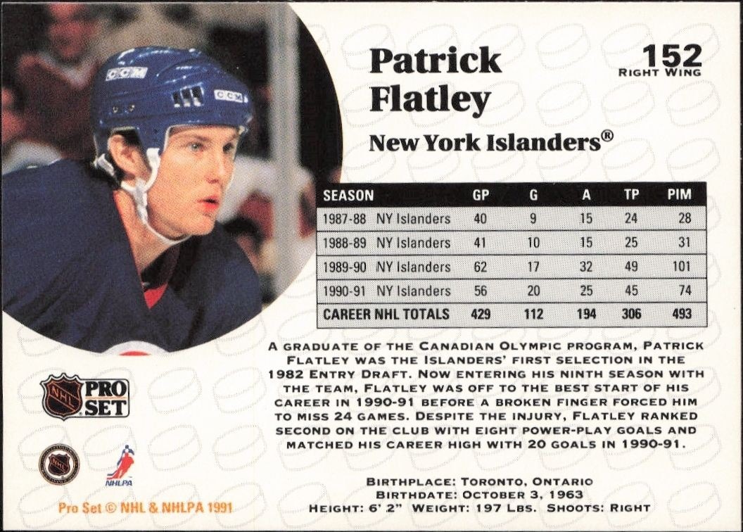 1991-92 Pro Set Patrick Flatley #152 hockey trading card back