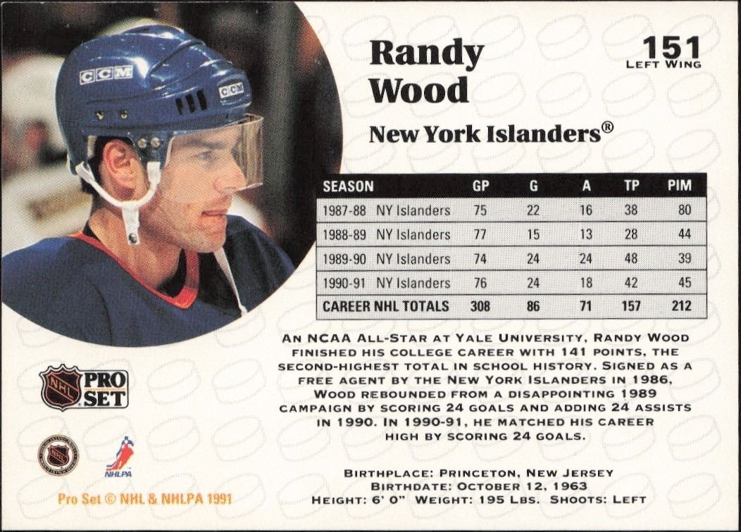 1991-92 Pro Set Randy Wood #151 hockey trading card back