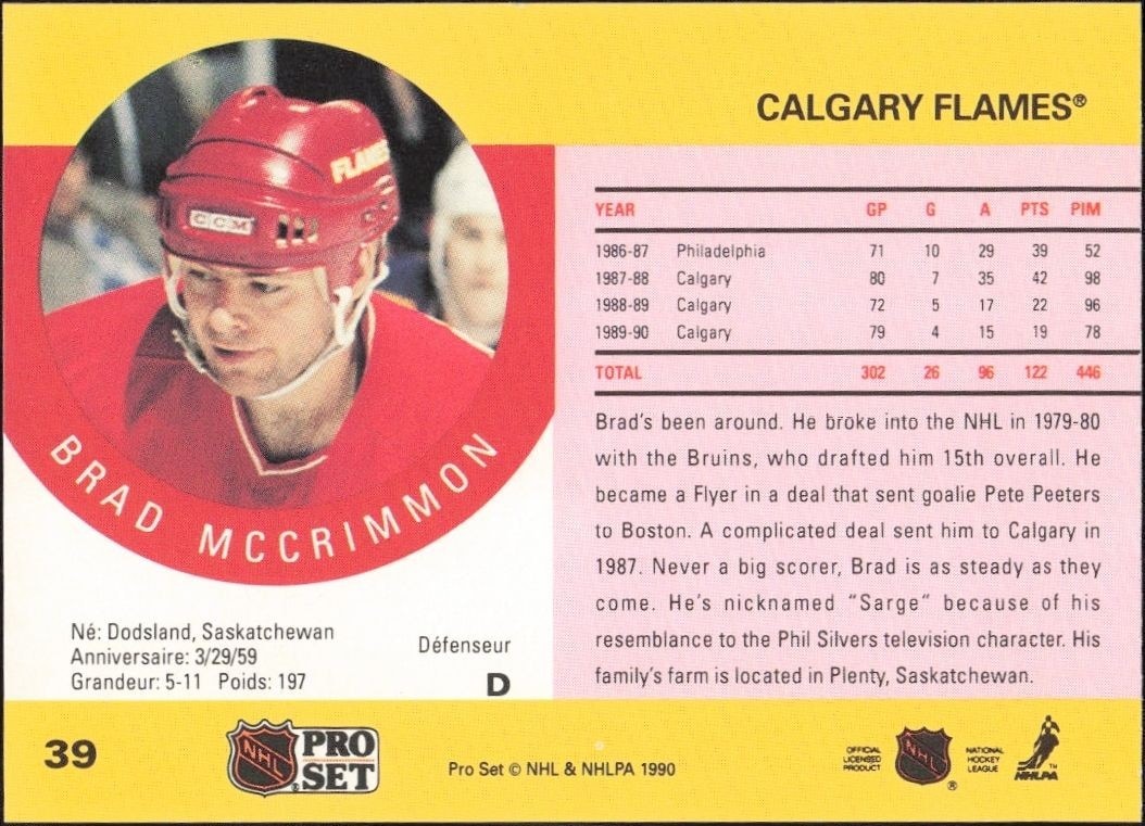 1990-91 Pro Set Brad McCrimmon #39 hockey trading card back