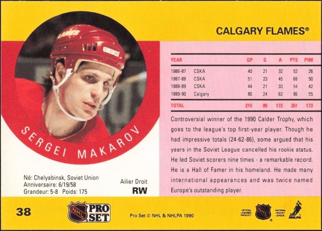 1990-91 Pro Set Sergei Makarov #38 hockey trading card back