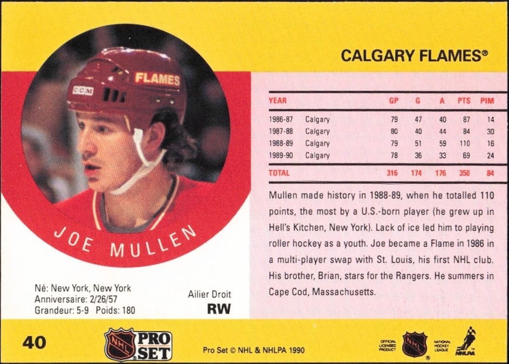1990-91 Pro Set Joe Mullen #40 hockey trading card back