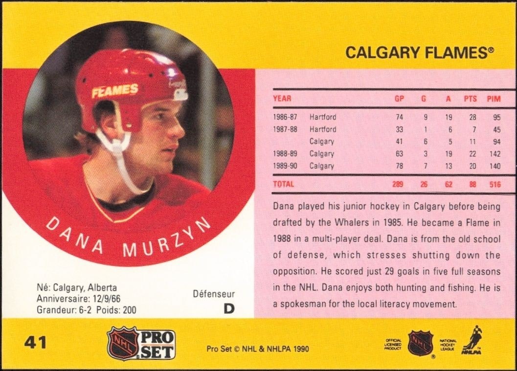 1990-91 Pro Set Dana Murzyn #41 hockey trading card back