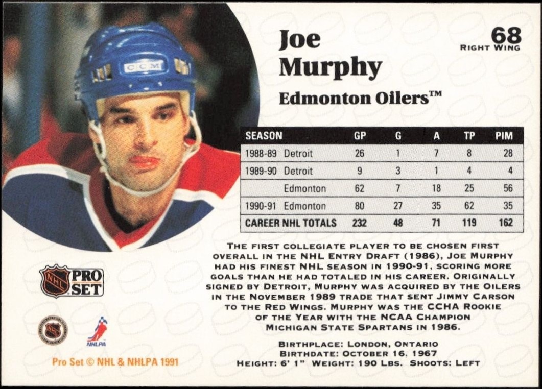 1991-92 Pro Set Joe Murphy #68 hockey trading card back