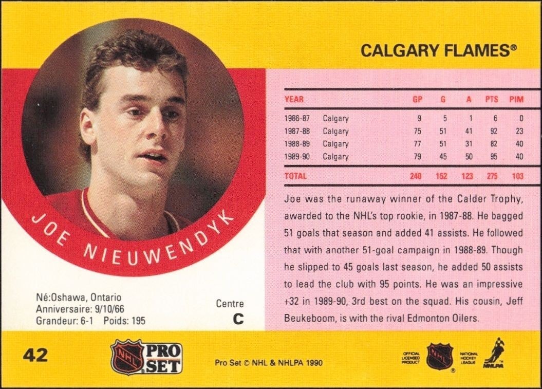 1990-91 Pro Set Joe Nieuwendyk #42 hockey trading card back