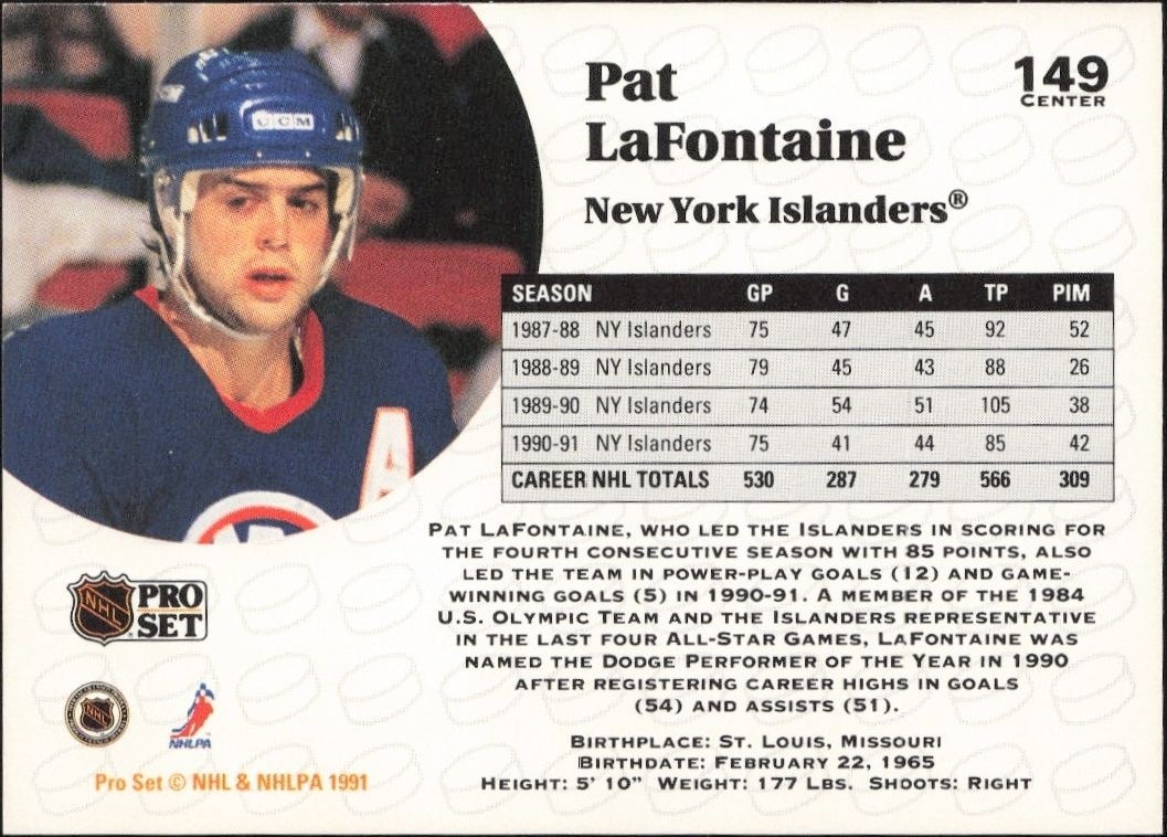 1991-92 Pro Set Pat Lafontaine #149 hockey trading card back