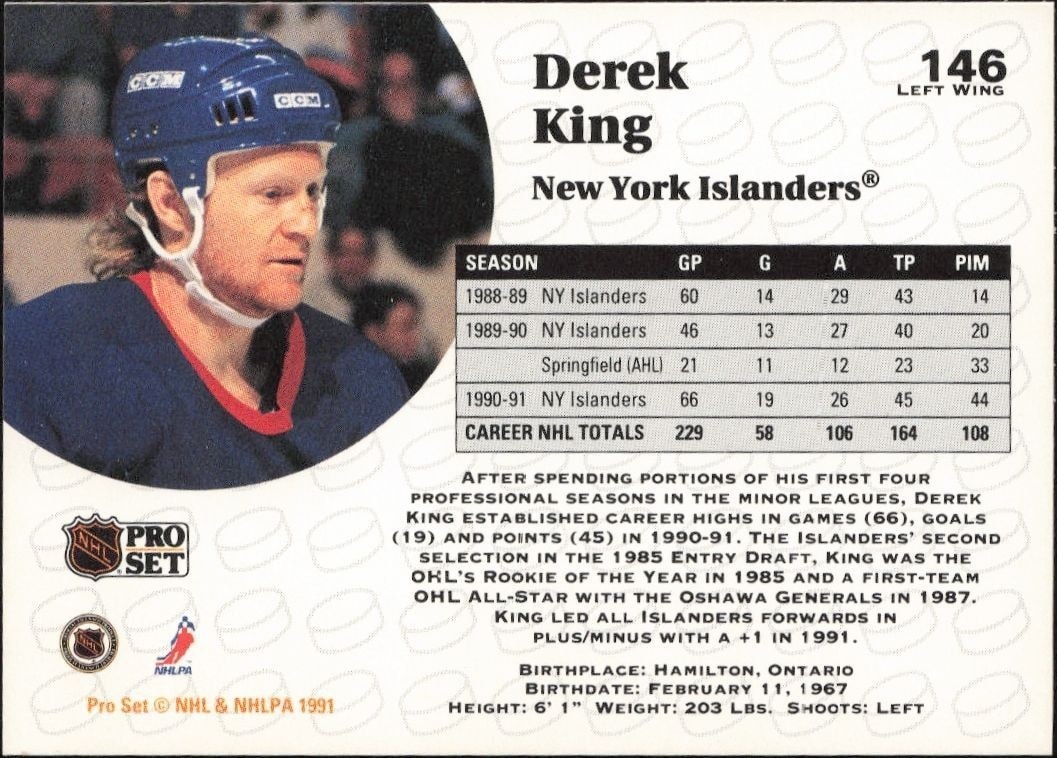 1991-92 Pro Set Derek King #146 hockey trading card back