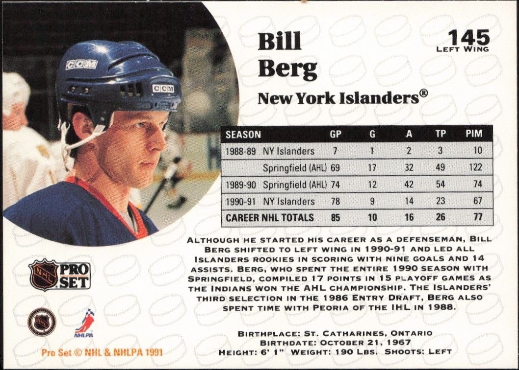 1991-92 Pro Set Bill Berg #145 hockey trading card back