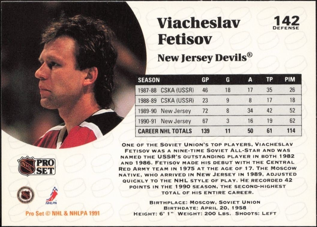 1991-92 Pro Set Viacheslav Fetisov #142 hockey trading card back