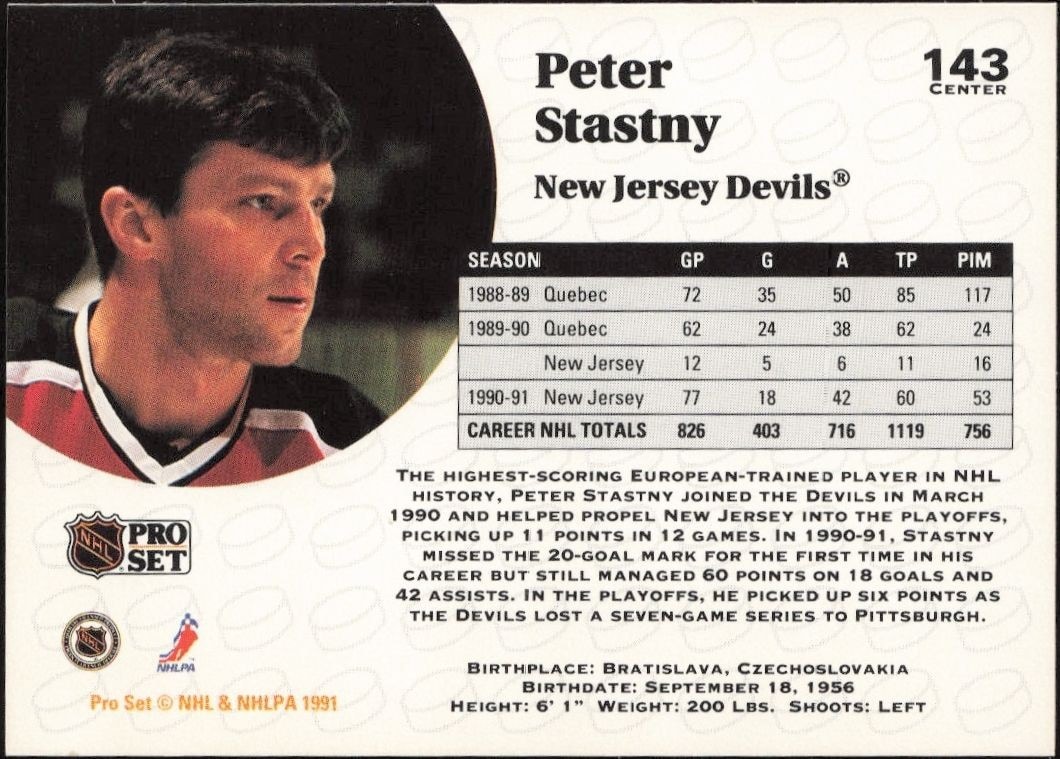 1991-92 Pro Set Peter Stastny #143 hockey trading card back