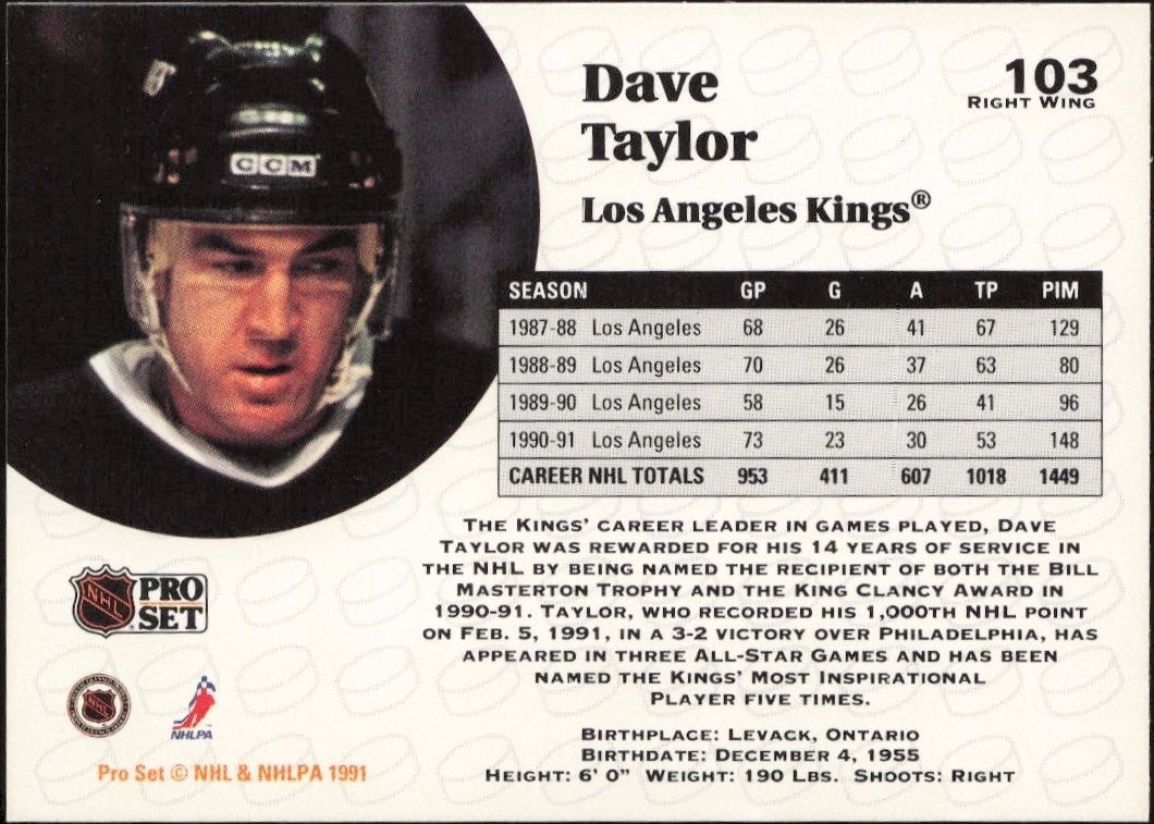 1991-92 Pro Set Dave Taylor #103 hockey trading card back