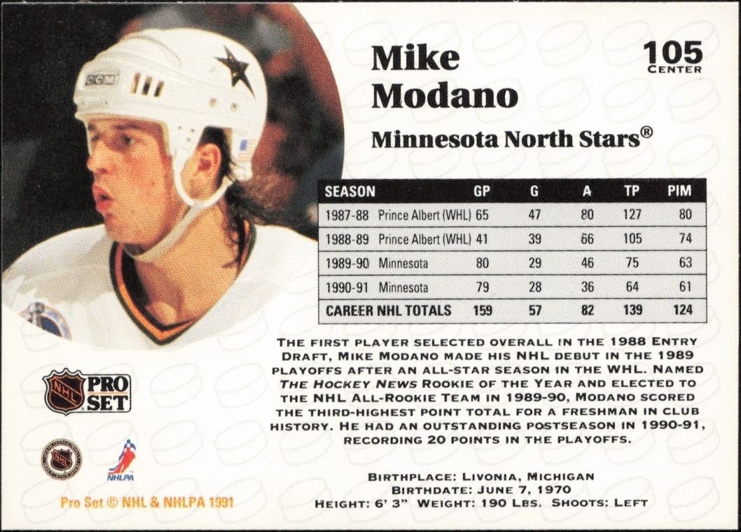 1991-92 Pro Set Mike Modano #105 hockey trading card back