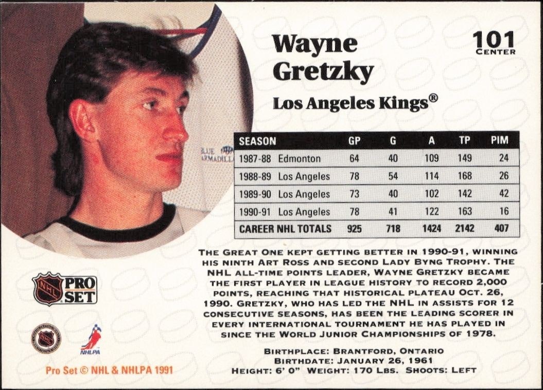 1991-92 Pro Set Wayne Gretzky #101 hockey trading card back
