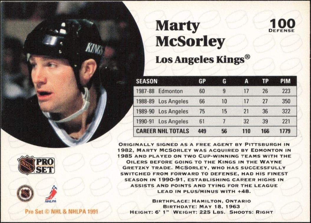 1991-92 Pro Set Marty McSorley #100 hockey trading card back