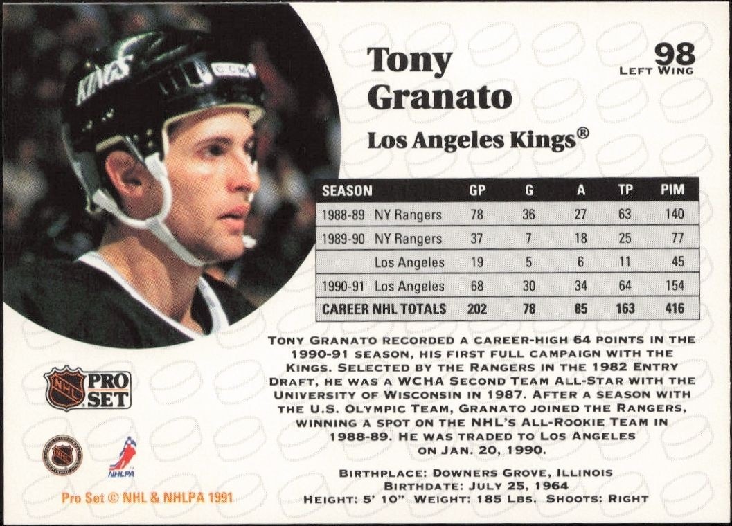 1991-92 Pro Set Tony Granato #98 hockey trading card back