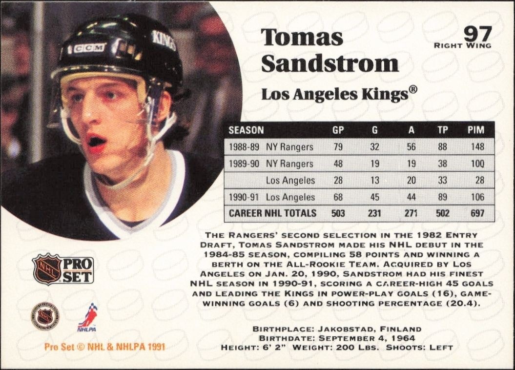 1991-92 Pro Set Tomas Sandstrom #97 hockey trading card back