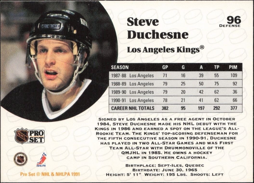 1991-92 Pro Set Steve Duchesne #96 hockey trading card back