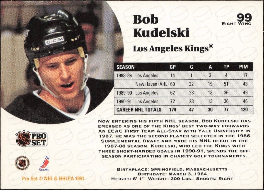 1991-92 Pro Set Bob Kudelski #99 hockey trading card back