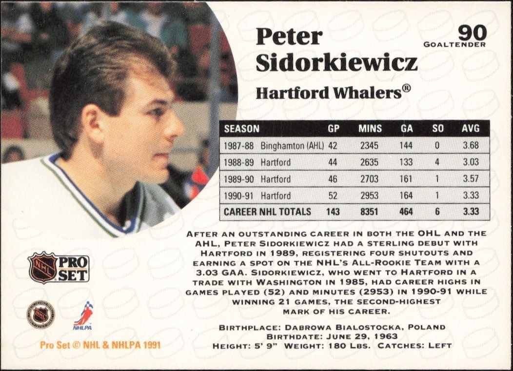 1991-92 Pro Set Peter Sidorkiewicz #90 hockey trading card back
