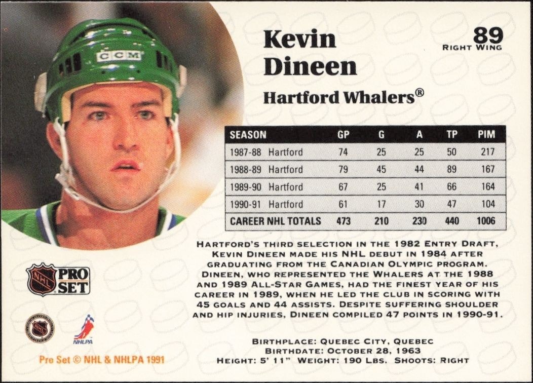 1991-92 Pro Set Kevin Dineen #89 hockey trading card back
