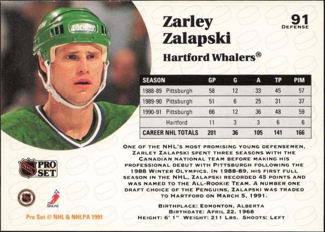 1991-92 Pro Set Zarley Zalapski #91 hockey trading card back
