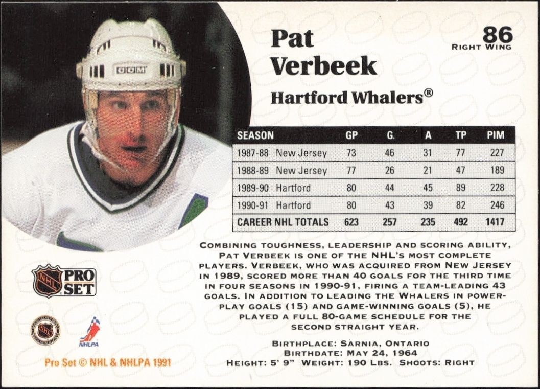 1991-92 Pro Set Pat Verbeek #86 hockey trading card back
