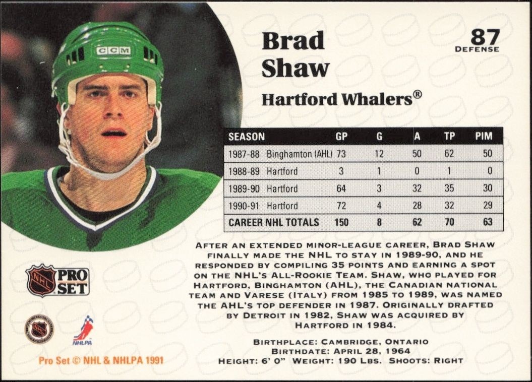 1991-92 Pro Set Brad Shaw #87 hockey trading card back