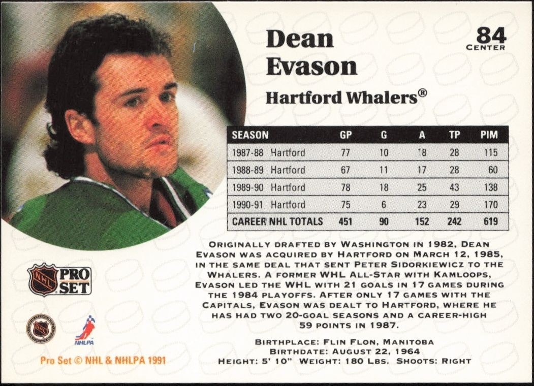 1991-92 Pro Set Dean Evason #84 hockey trading card back