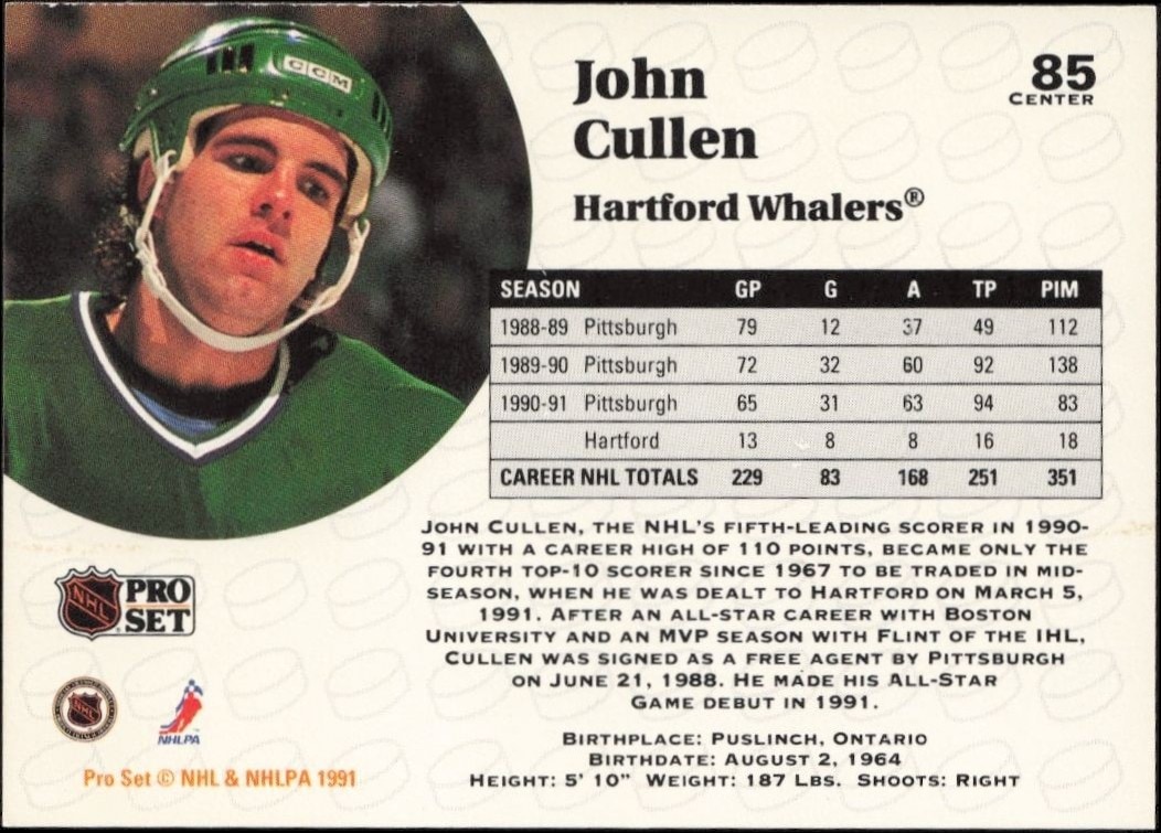1991-92 Pro Set John Cullen #85 hockey trading card back