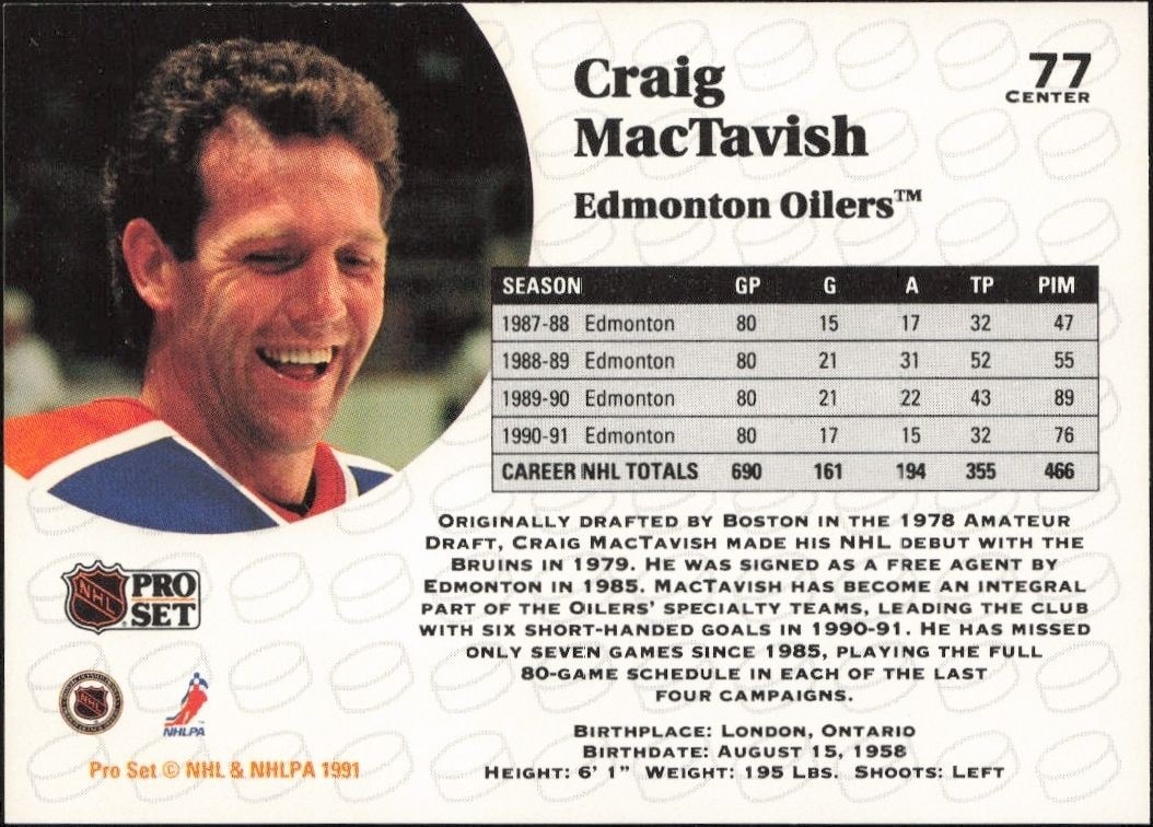 1991-92 Pro Set Craig MacTavish #77 hockey trading card back