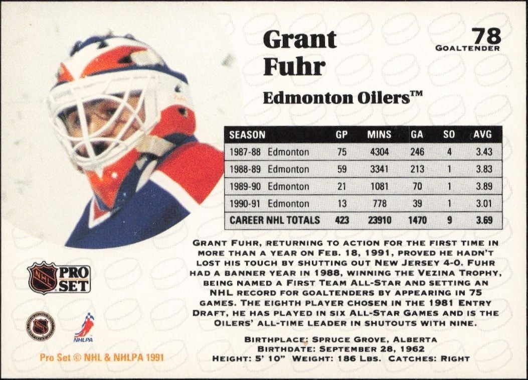 1991-92 Pro Set Grant Fuhr #78 hockey trading card back