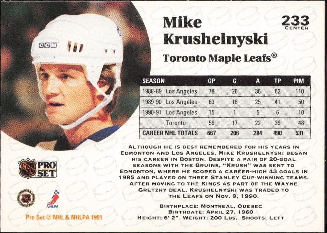 1991-92 Pro Set Mike Krushelnyski #233 hockey trading card back