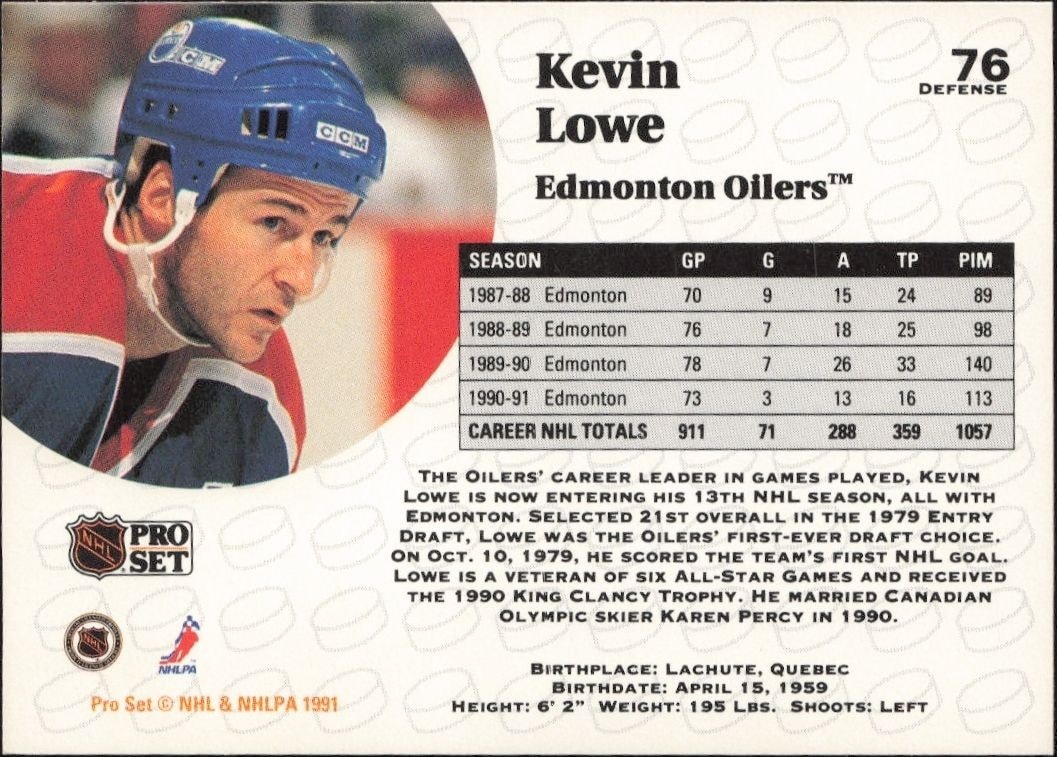 1991-92 Pro Set Kevin Lowe #76 hockey trading card back