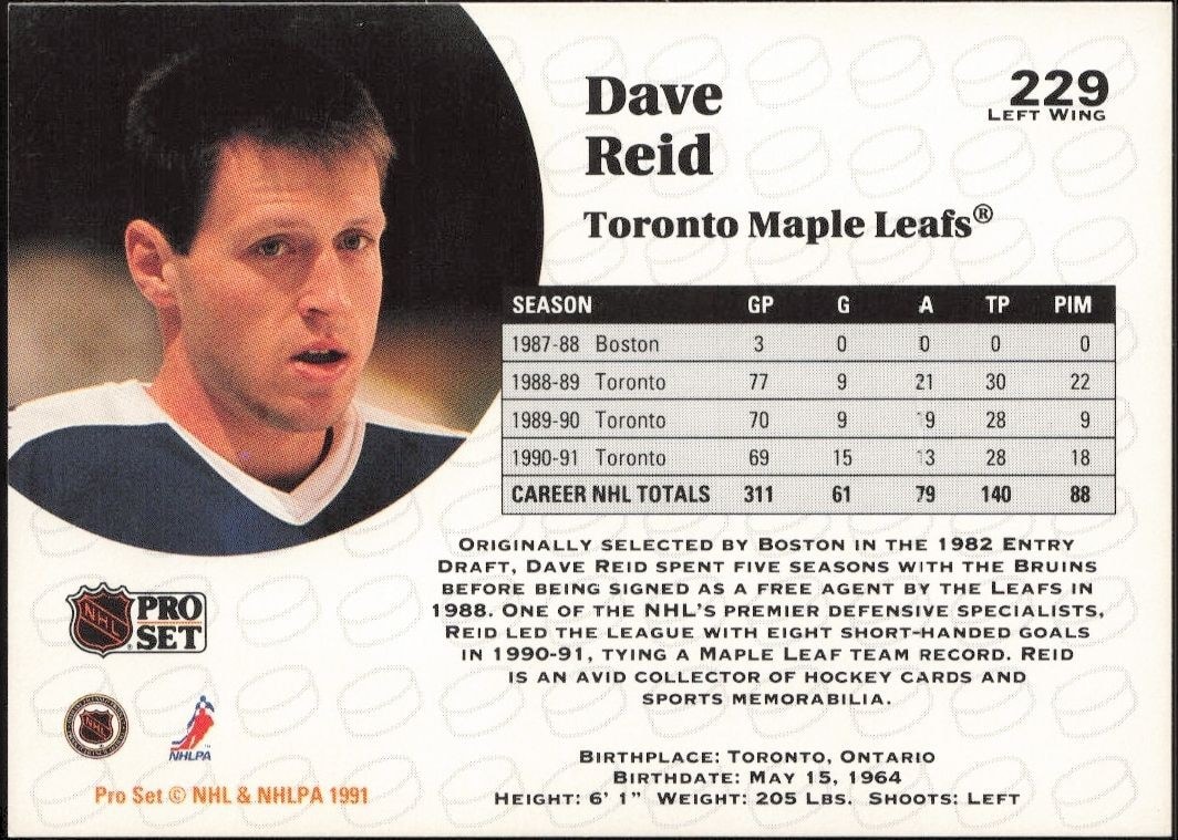 1991-92 Pro Set Dave Reid #229 hockey trading card back