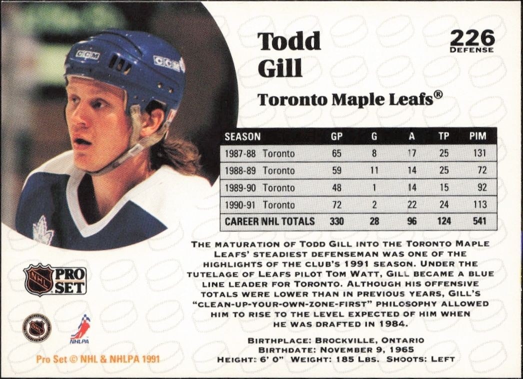 1991-92 Pro Set Todd Gill #226 hockey trading card back