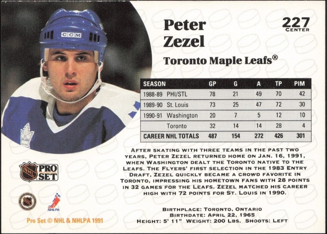 1991-92 Pro Set Peter Zezel #227 hockey trading card back