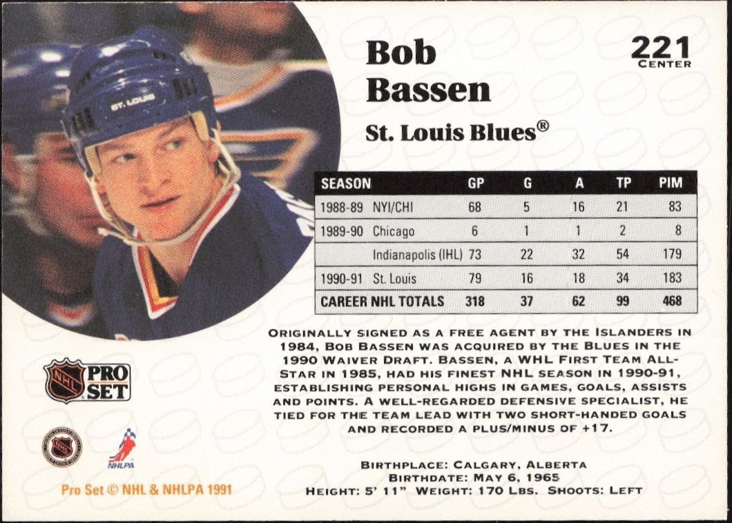 1991-92 Pro Set Bob Bassen #221 hockey trading card back