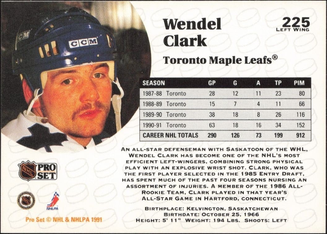 1991-92 Pro Set Wendel Clark #225 hockey trading card back