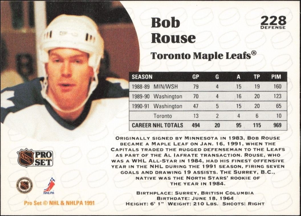 1991-92 Pro Set Bob Rouse #228 hockey trading card back