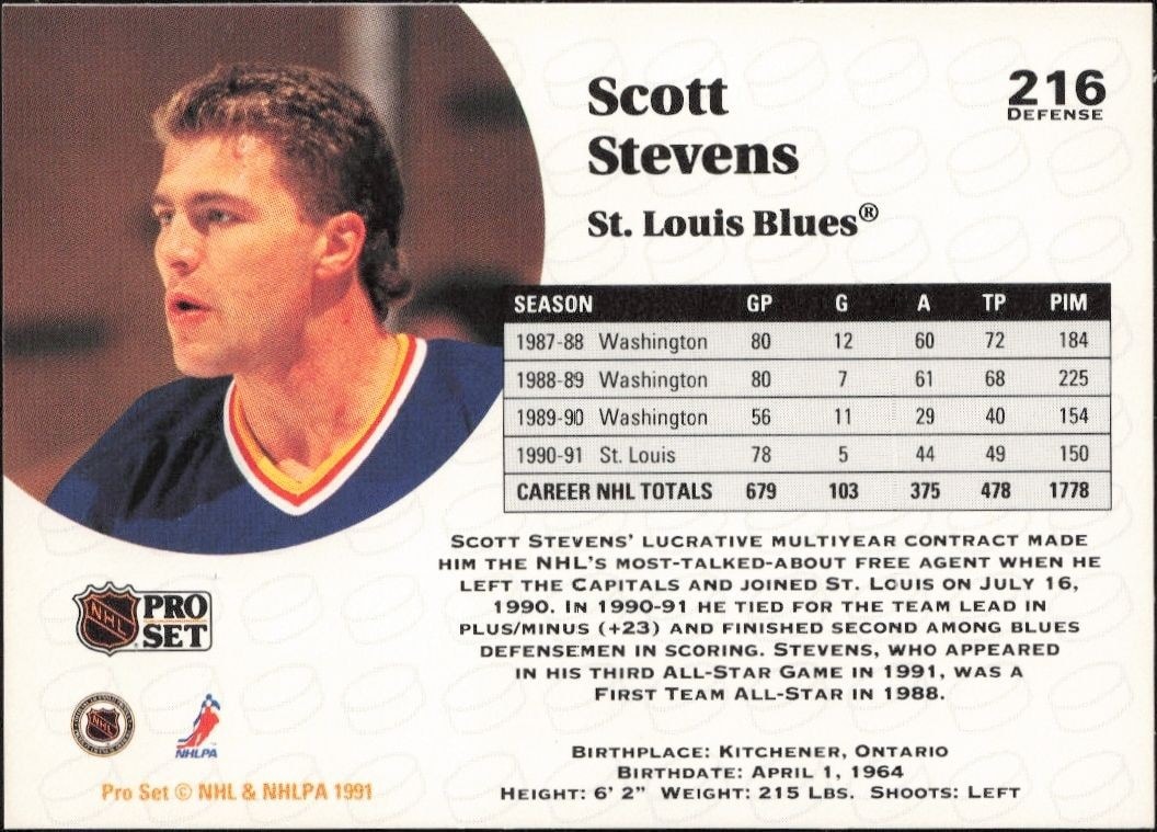 1991-92 Pro Set Scott Stevens #216 hockey trading card back