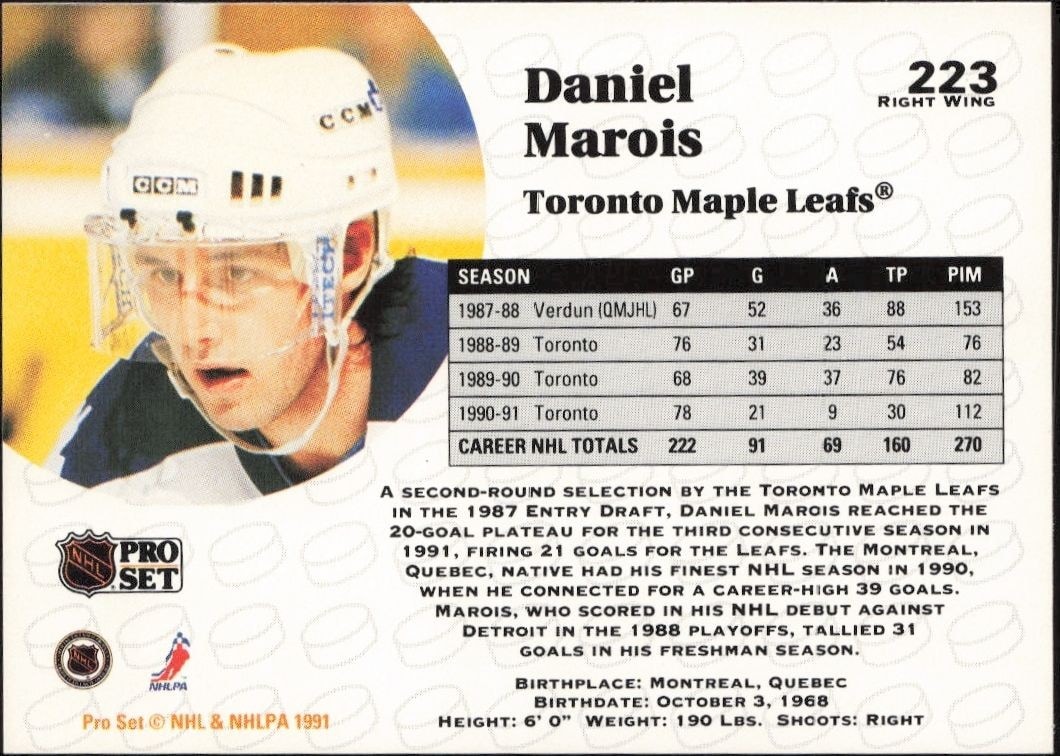 1991-92 Pro Set Daniel Marois #223 hockey trading card back