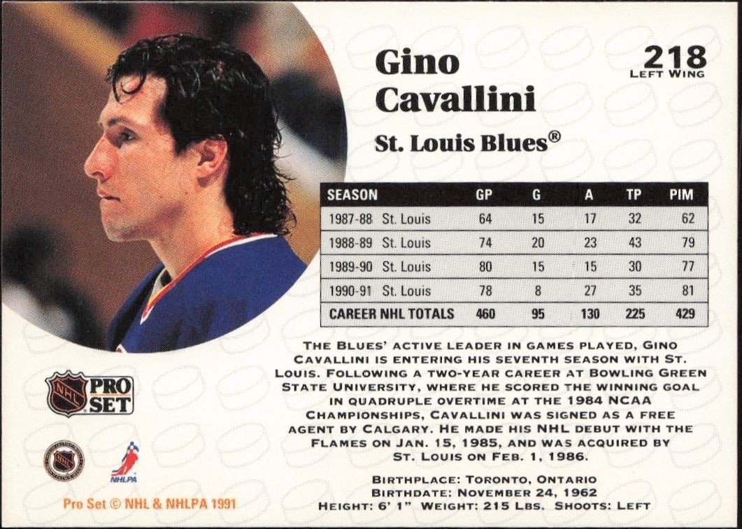 1991-92 Pro Set Gino Cavallini #218 hockey trading card back
